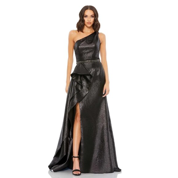 Mac Duggal Dress 66975 One Shoulder Metallic Ruffled Evening Gown - Picture 1 of 16